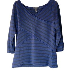 White House Black Market Navy Black Stripe Knit‎ V Neck 3/4 Sleeve Top Size L